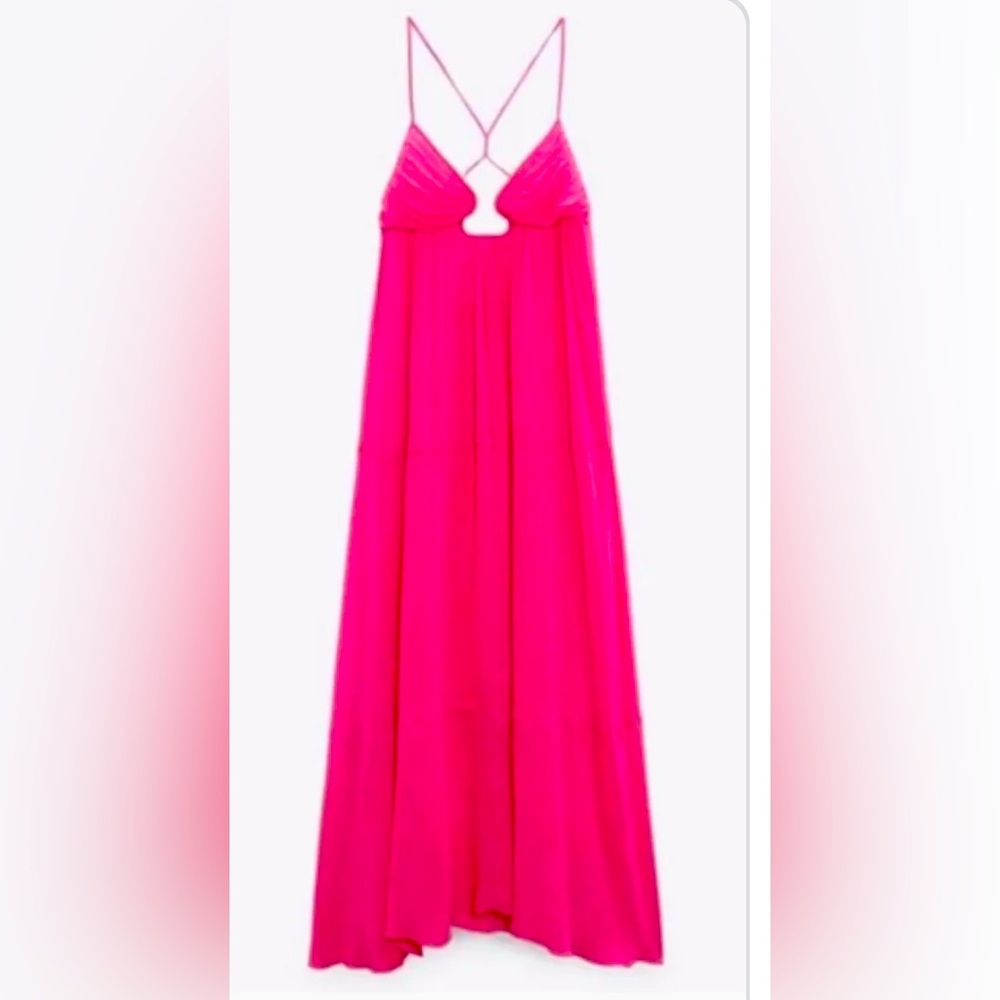 ZARA Bright Fuchsia Pink Voluminous Chiffon Bustier Cutout Maxi Dress Size M